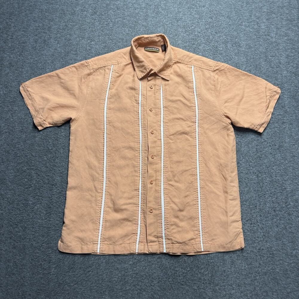 Cubavera Linen Blend Button Up Shirt Men's XL Orange Striped Embroidered Bowling